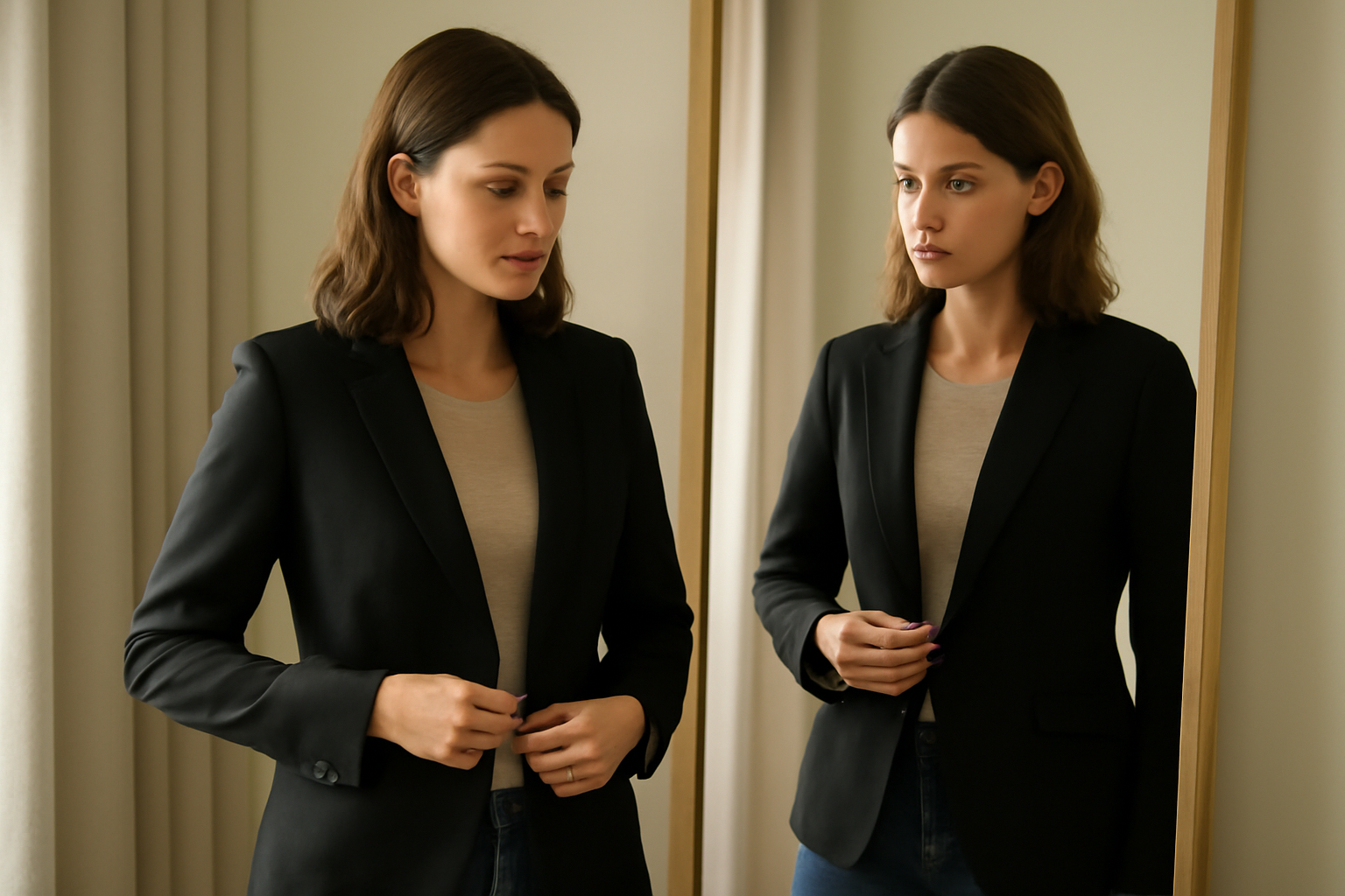 tendancemagasin-coupe-blazer-epaules-larges femme essayant blazer devant miroir