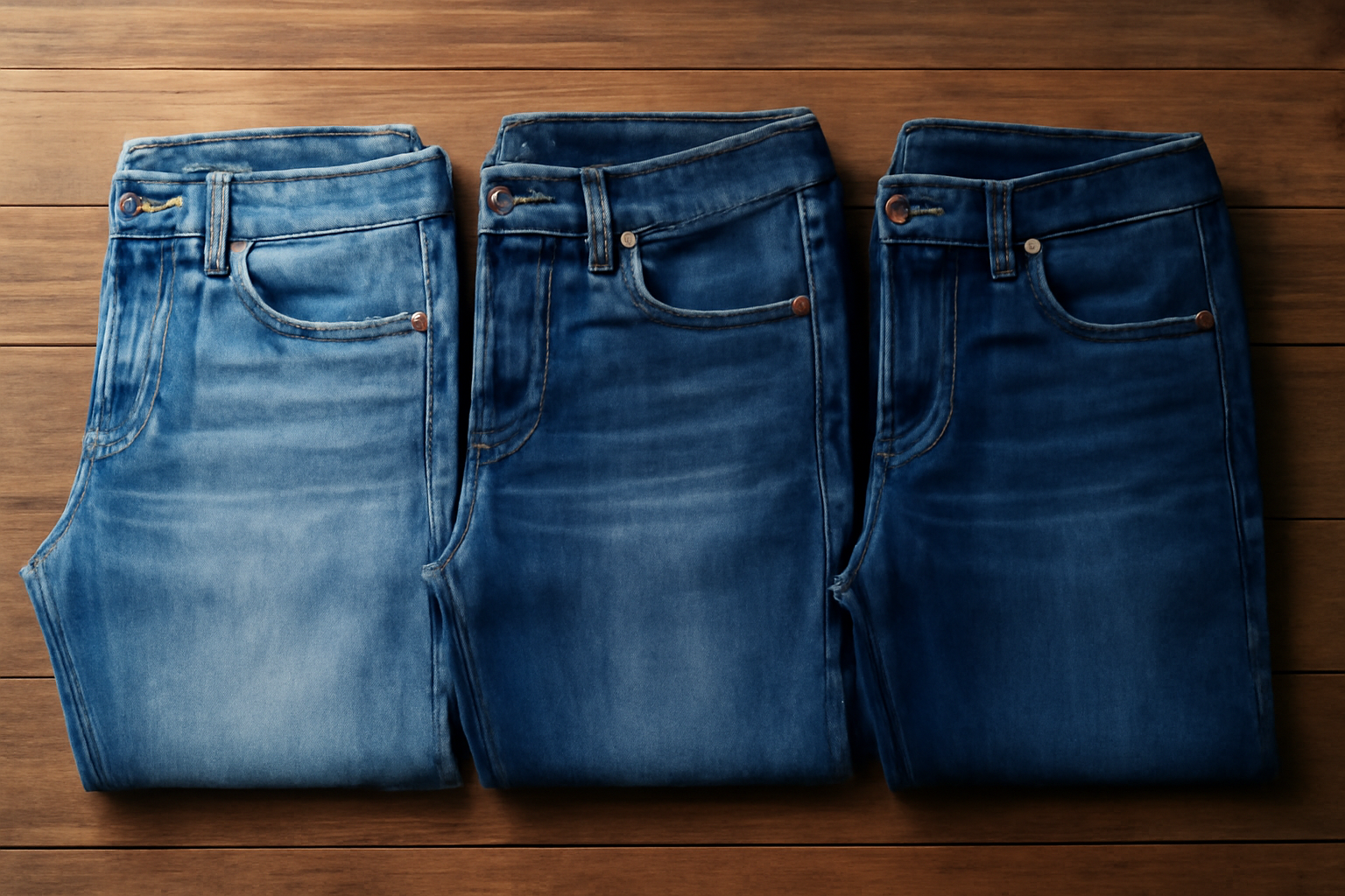 tendancemagasin-coupes-jean-casual-chic trois jeans disposés sur table en bois