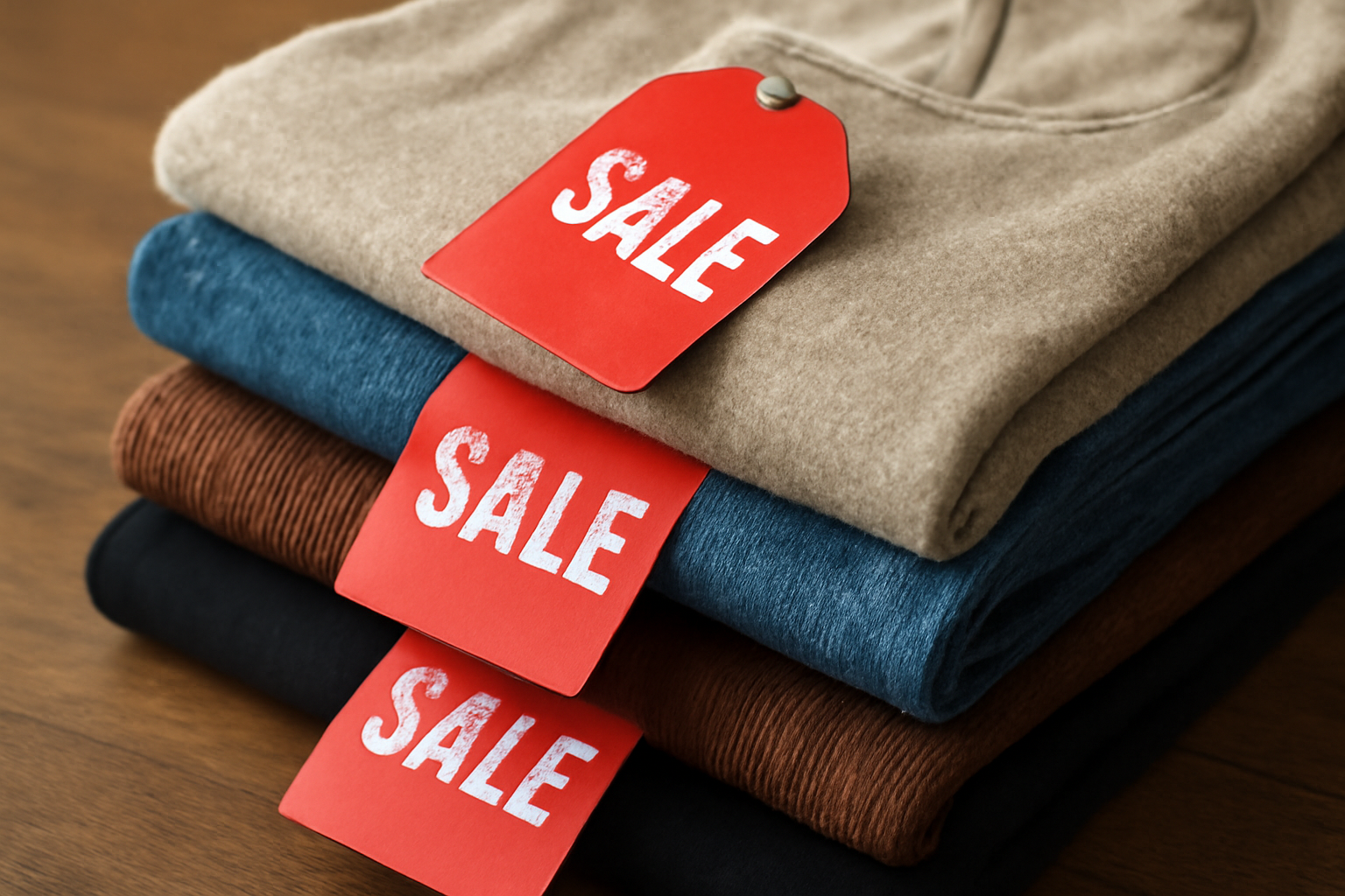 tendancemagasin-criteres-bonne-affaire-soldes pile d'étiquettes soldes sur vetements plies