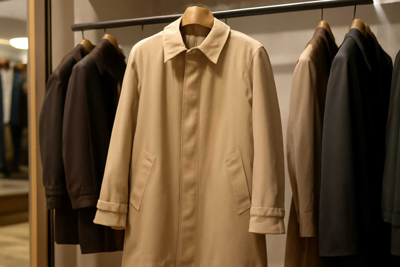 manteau impermeable suspendu dans boutique