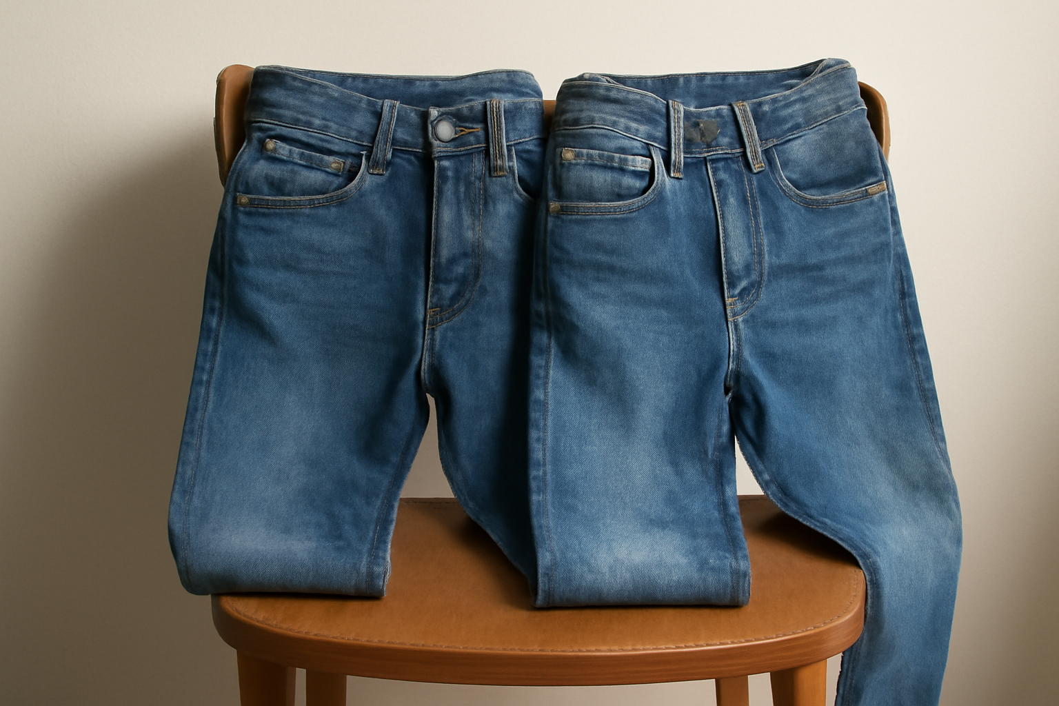 tendancemagasin-jean-enduit-ou-brut-durer deux jeans poses cote a cote sur chaise