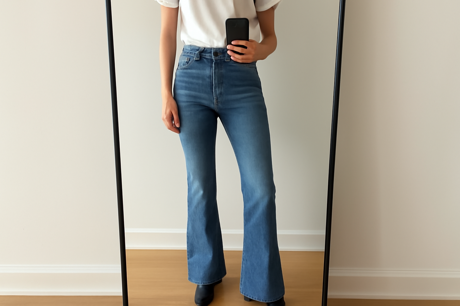 tendancemagasin-jean-flare-allonger-silhouette personne portant jean flare devant miroir
