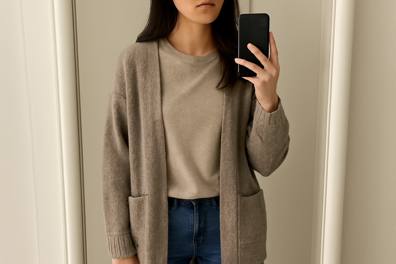 tendancemagasin-layering-superpositions-mi-saison personne superposant t-shirt et cardigan devant miroir