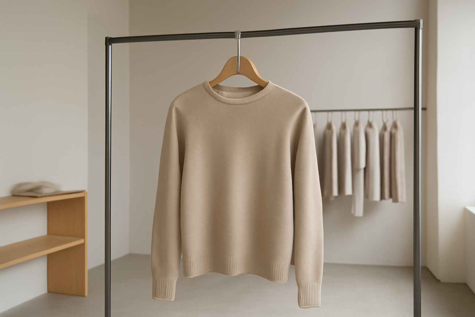 vêtement épuré suspendu dans boutique minimaliste