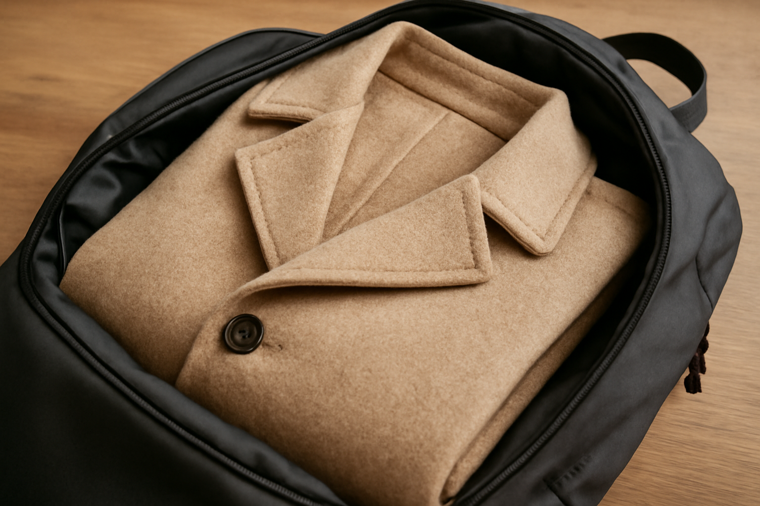 tendancemagasin-manteau-compact-weekend manteau plié dans un sac à dos