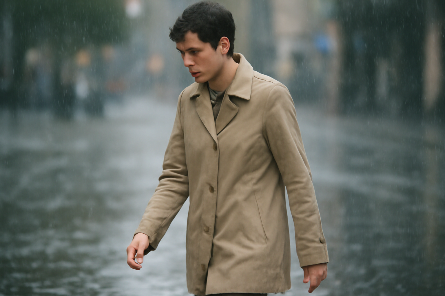 tendancemagasin-manteau-mi-saison-promenades-ville personne marchant en manteau léger sous pluie fine