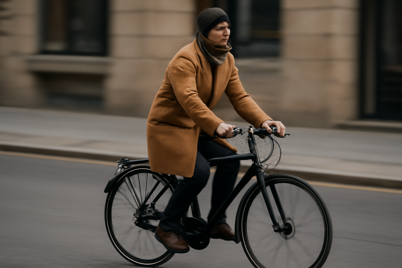 tendancemagasin-manteau-pour-velo-en-ville personne en manteau sur vélo urbain