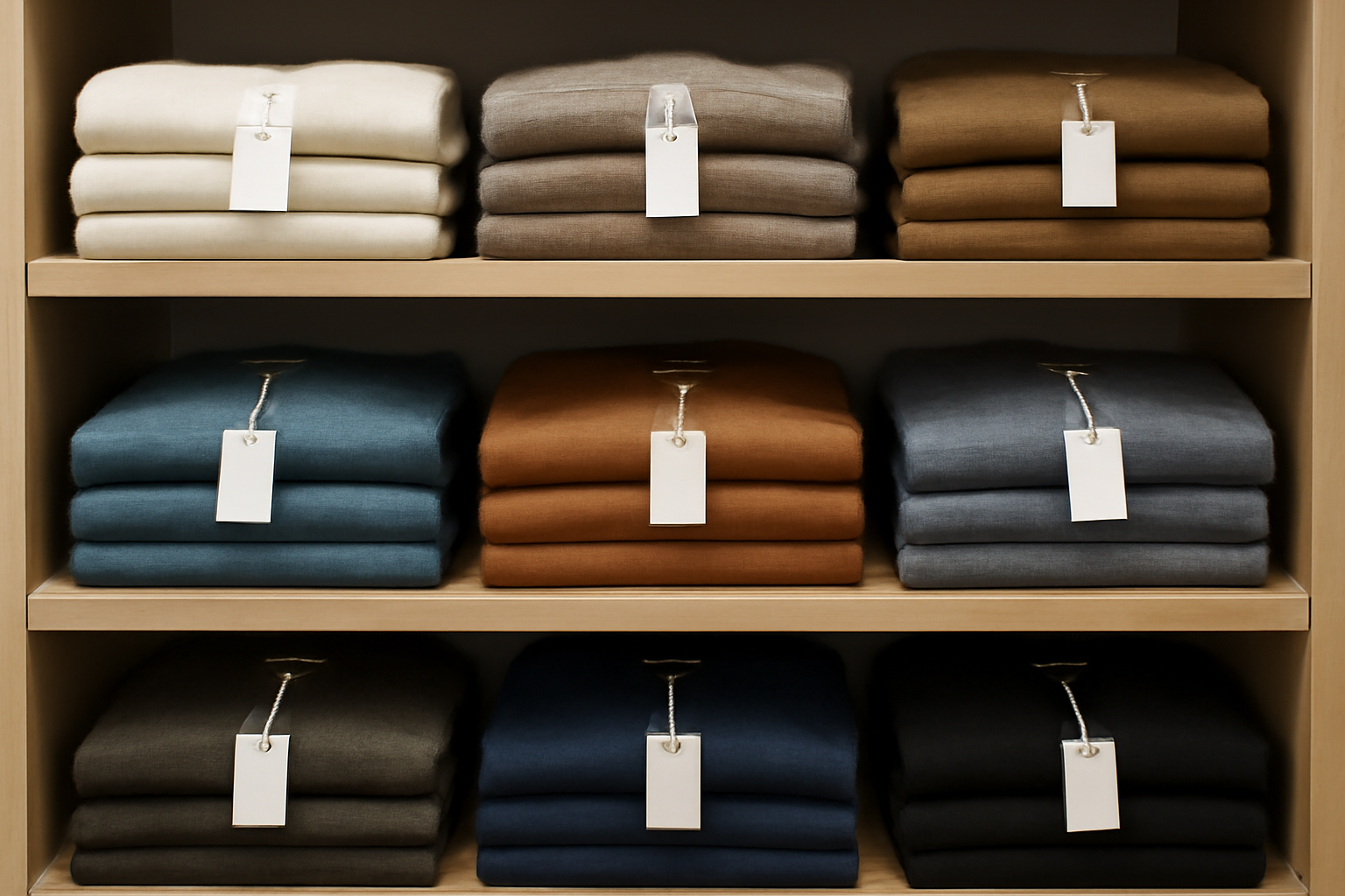 étagère avec pulls pliés et étiquettes
