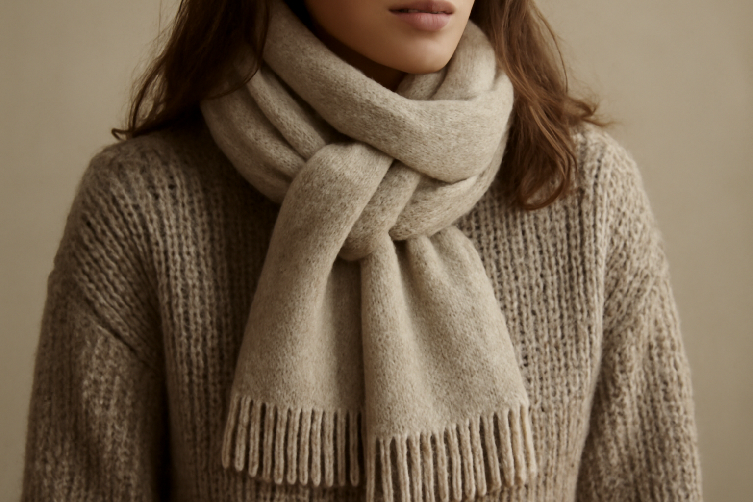 tendancemagasin-matieres-privilegier-automne echarpe en laine et pull en maille poses