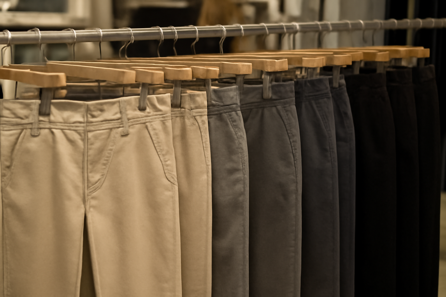 tendancemagasin-pantalon-cargo-ou-chino pantalons pendus côte à côte en magasin