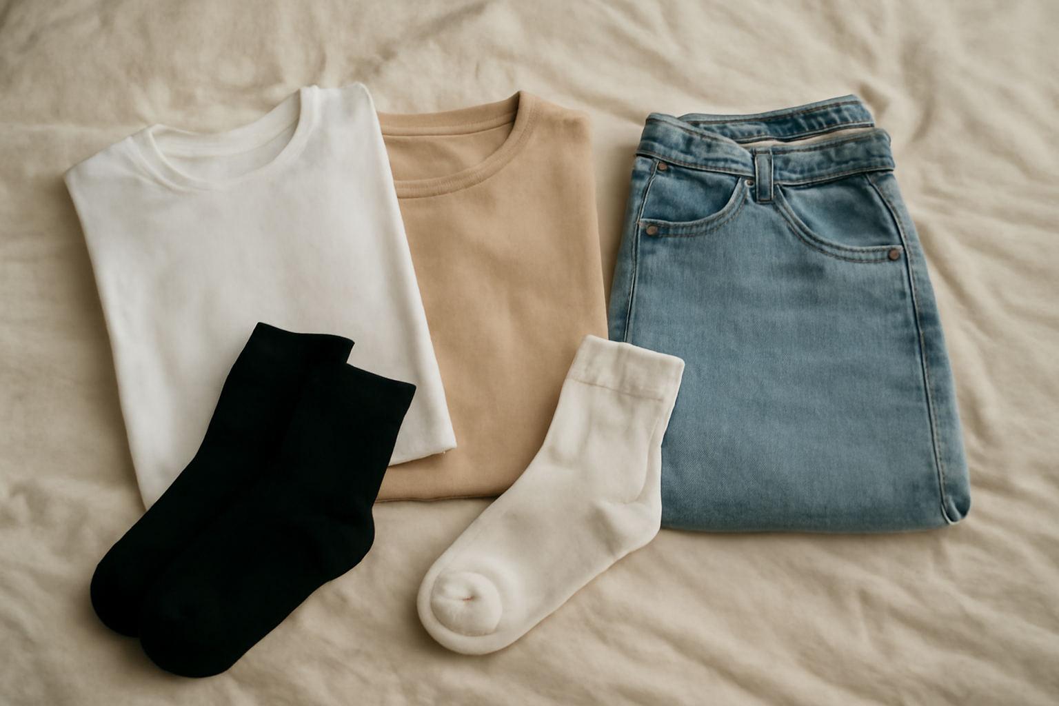 tendancemagasin-pieces-dressing-rentree selection de basiques posés sur un lit