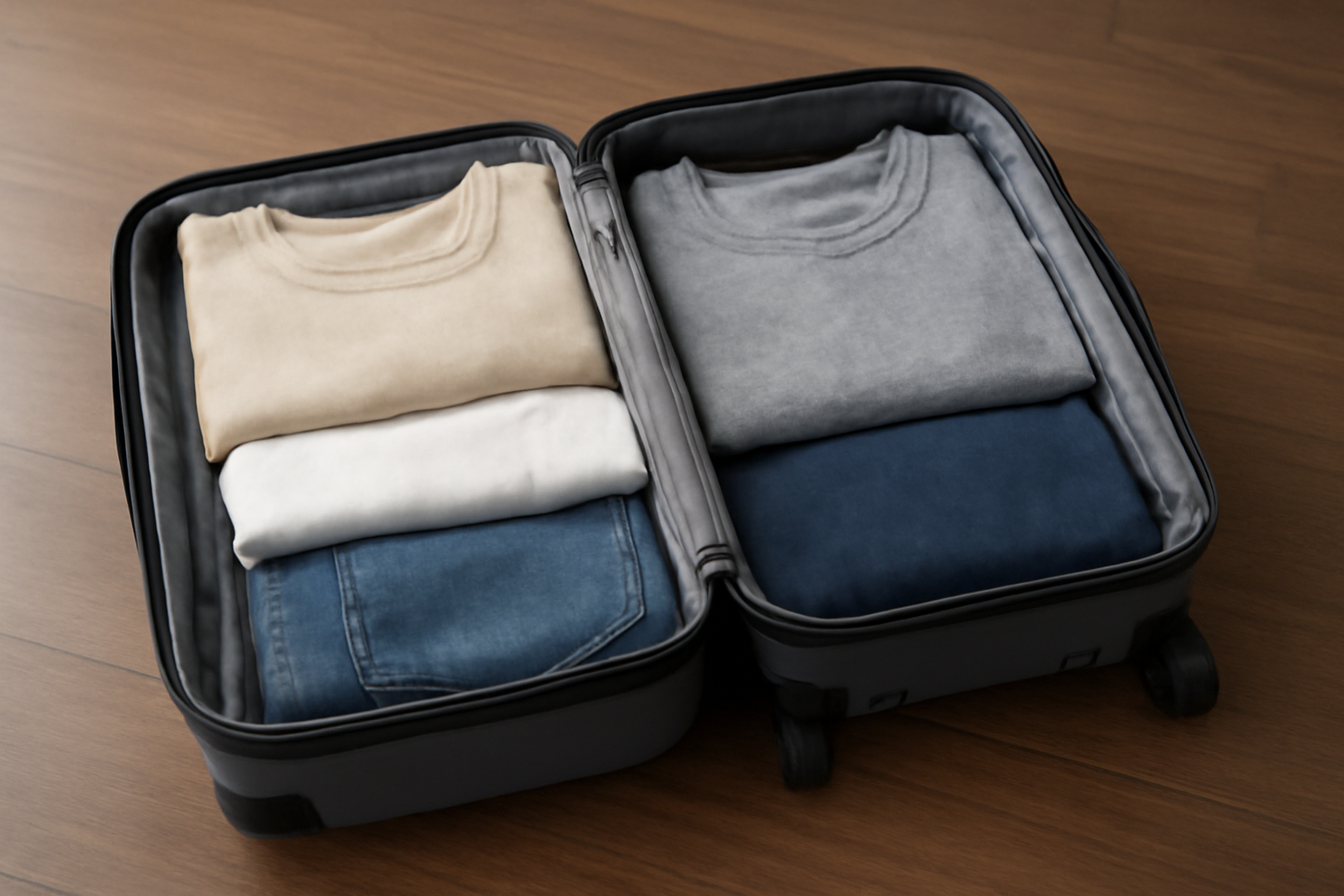 tendancemagasin-pieces-weekend-minimal-ville valise cabine ouverte avec quelques vetements pliés