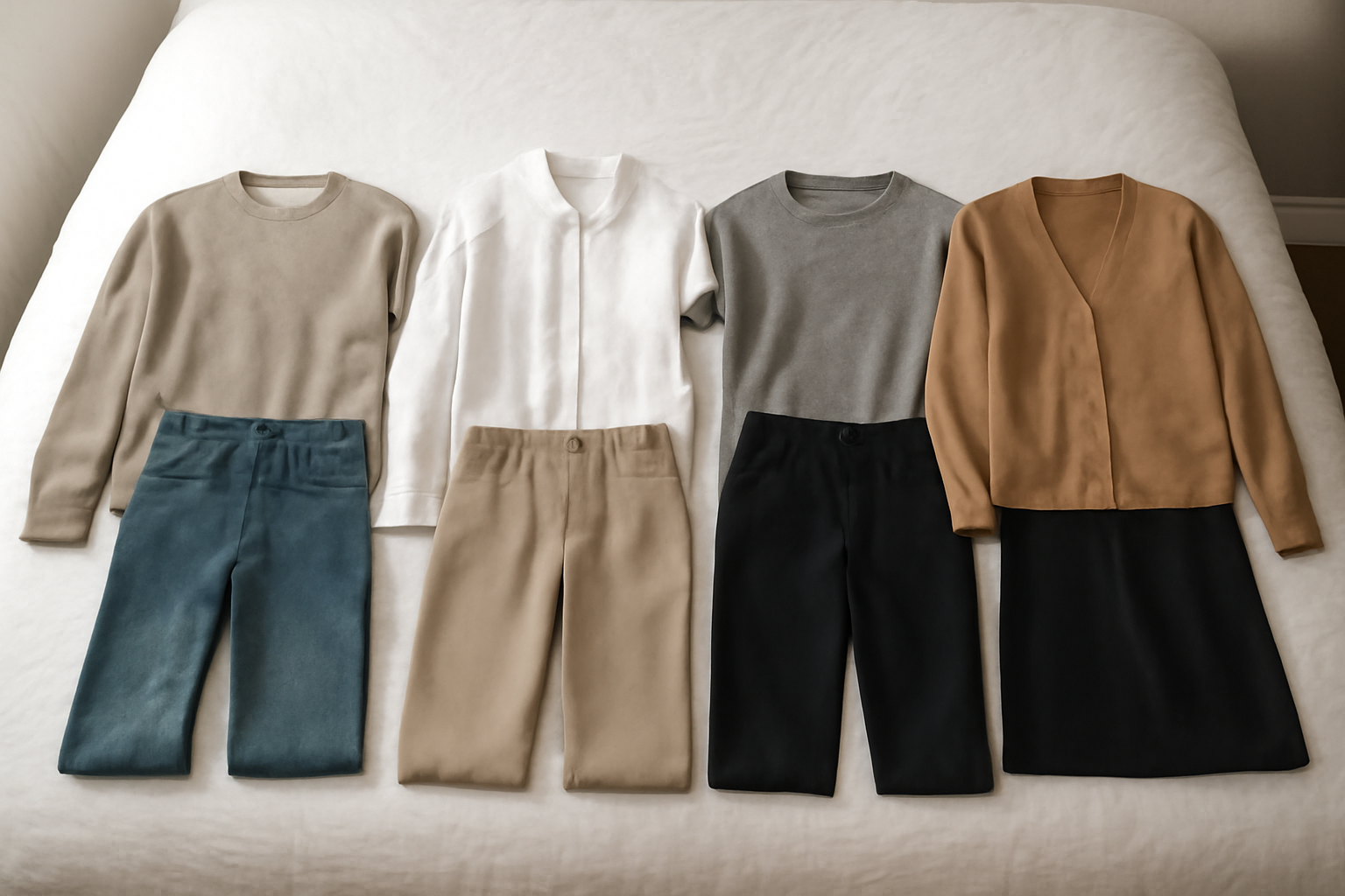 tenues préparées sur un lit pour la semaine