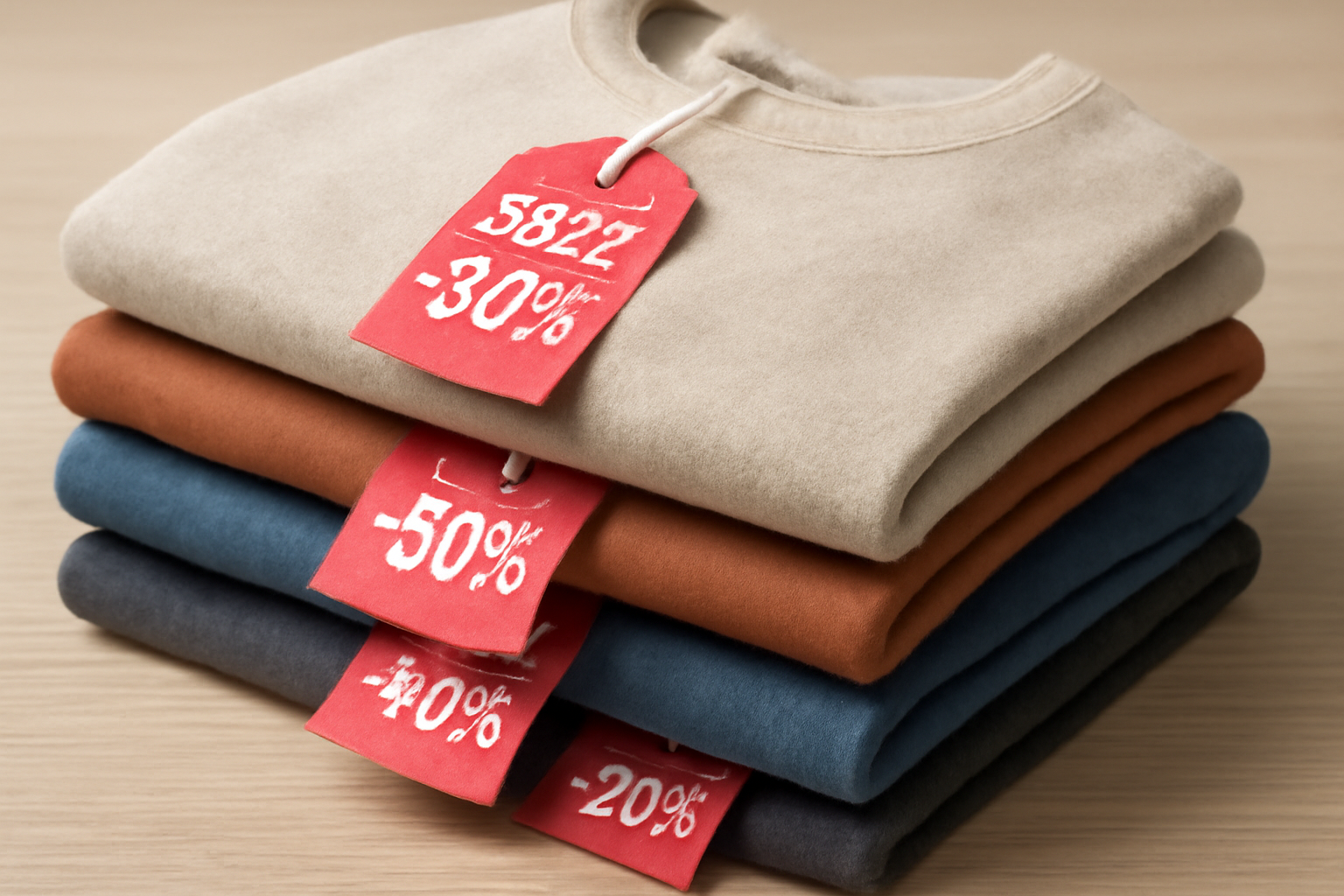 tendancemagasin-promos-bon-plan-dressing-durable vêtements pliés avec étiquettes de remise visibles