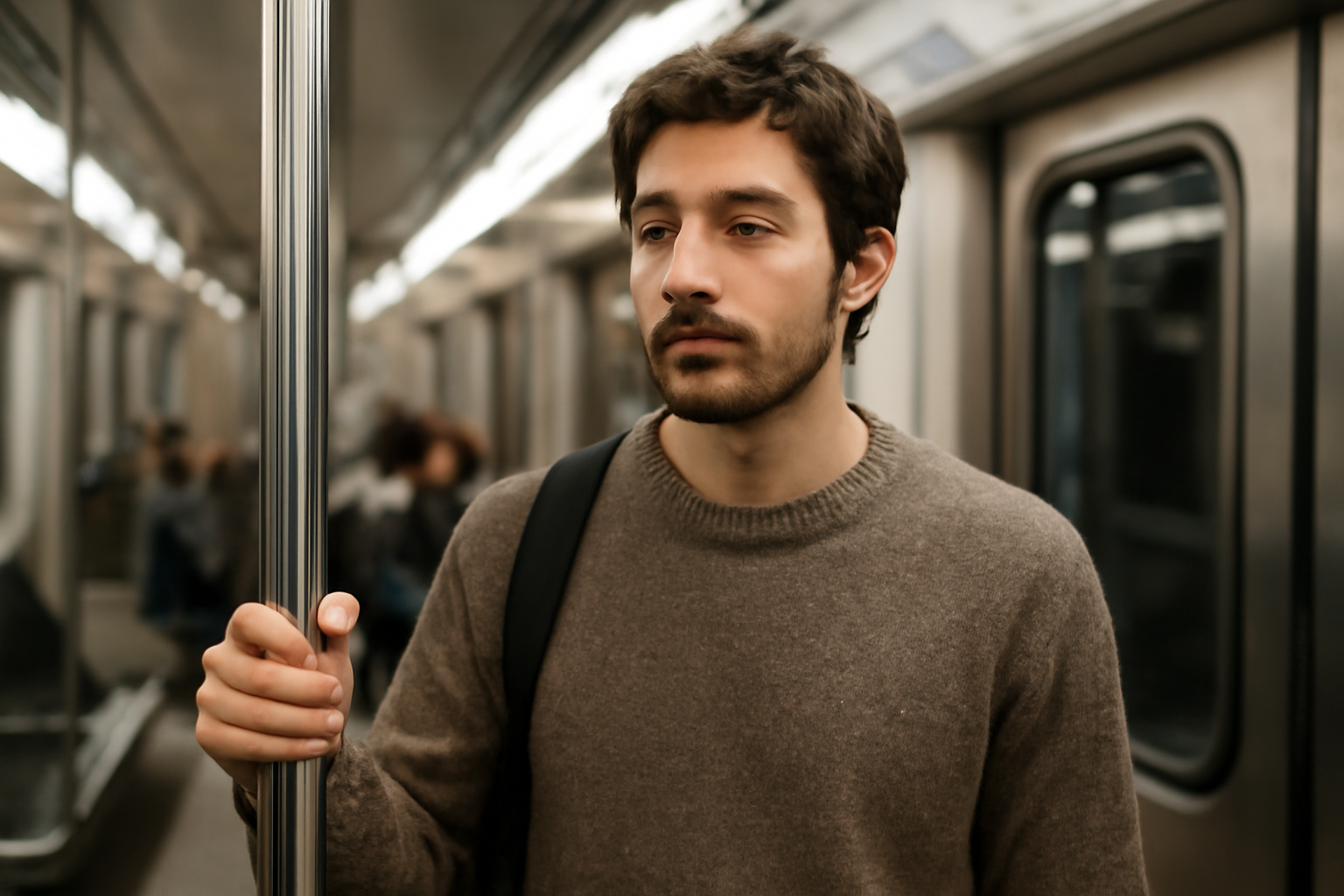 personne portant un pull dans le métro