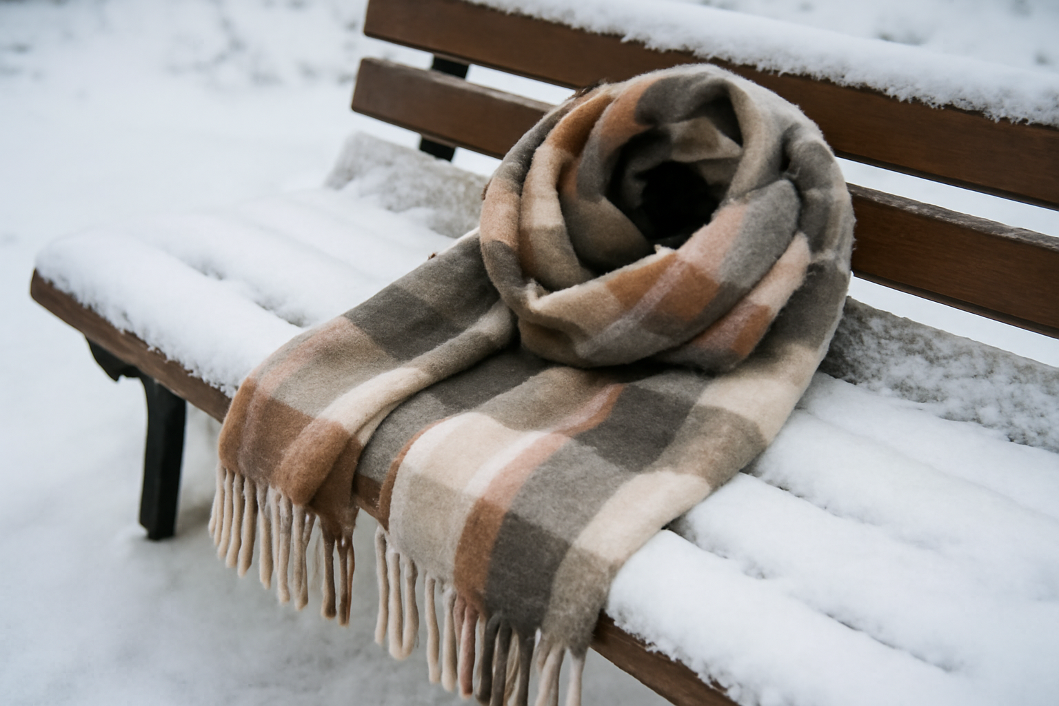 tendancemagasin-quelle-echarpe-hiver-douce écharpe posée sur un banc enneigé