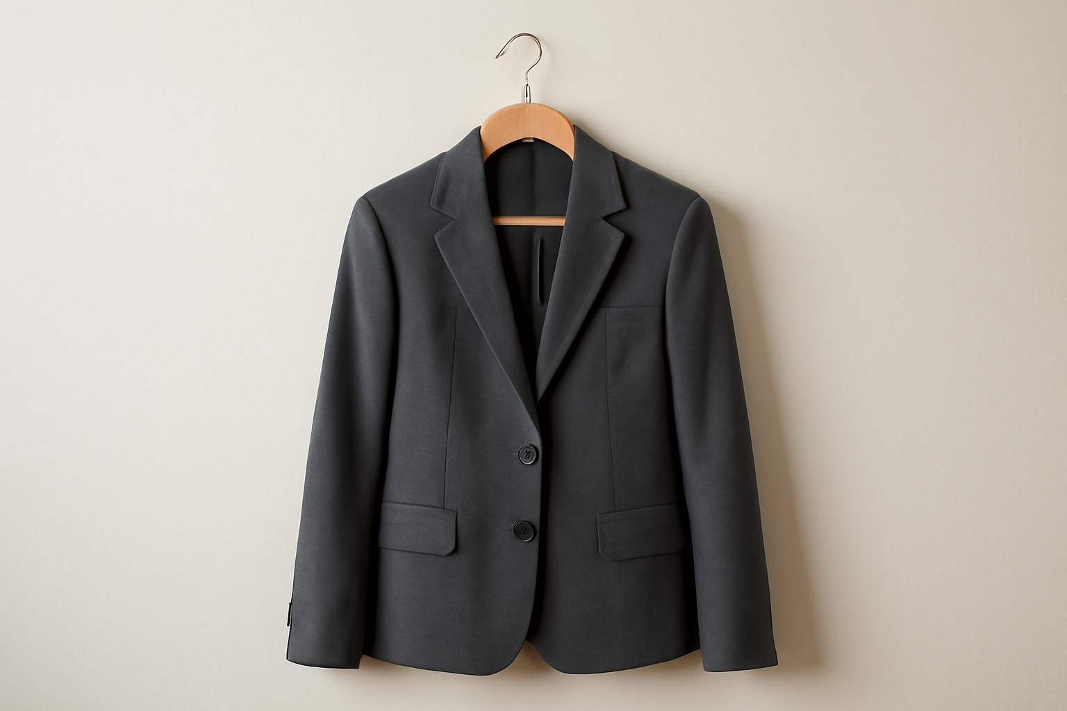 veste structurée accrochée sur cintre épuré