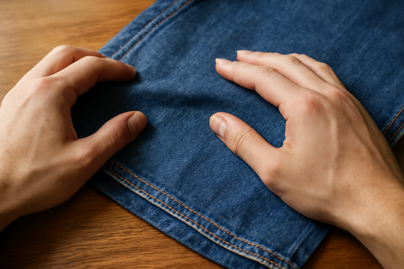 mains palpant tissu de jean sur table