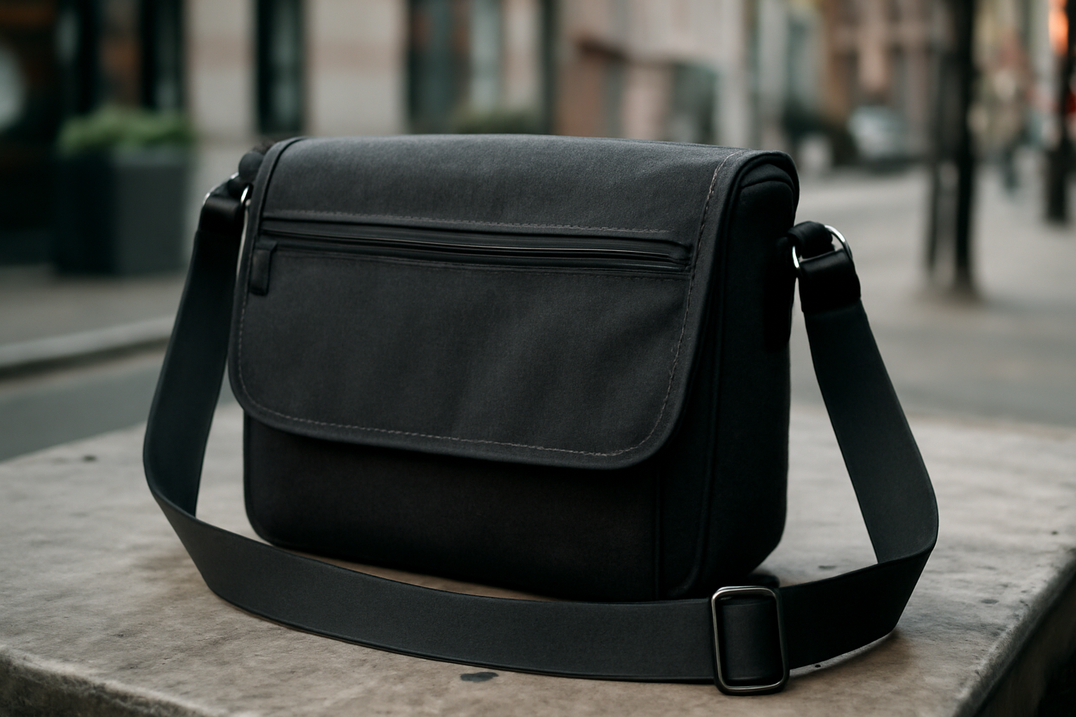 sac bandoulière posé sur table urbaine