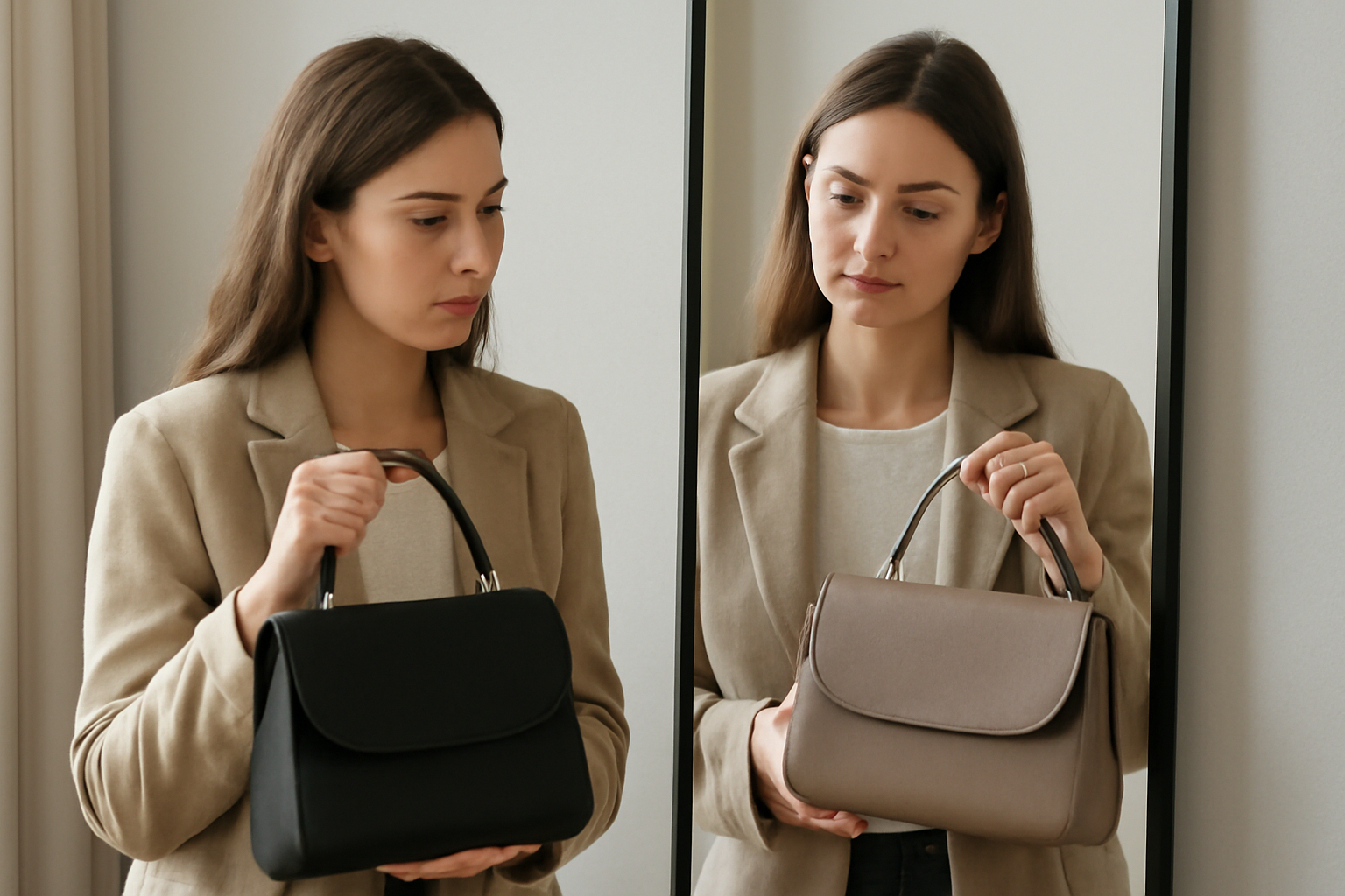 femme choisissant entre deux sacs devant miroir