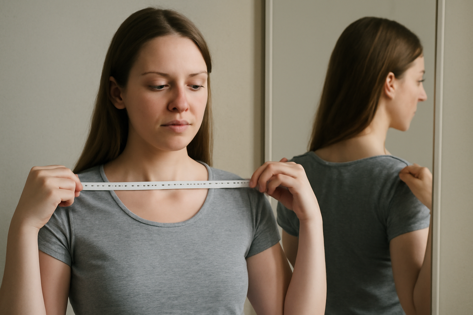 tendancemagasin-taille-veste-oversize femme mesurant épaules devant miroir