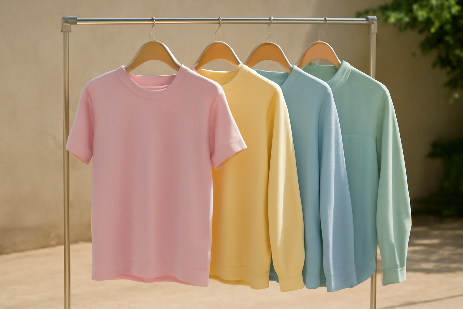 tendancemagasin-teintes-pastel-printemps-ville vêtements pastel accrochés sur un portant extérieur