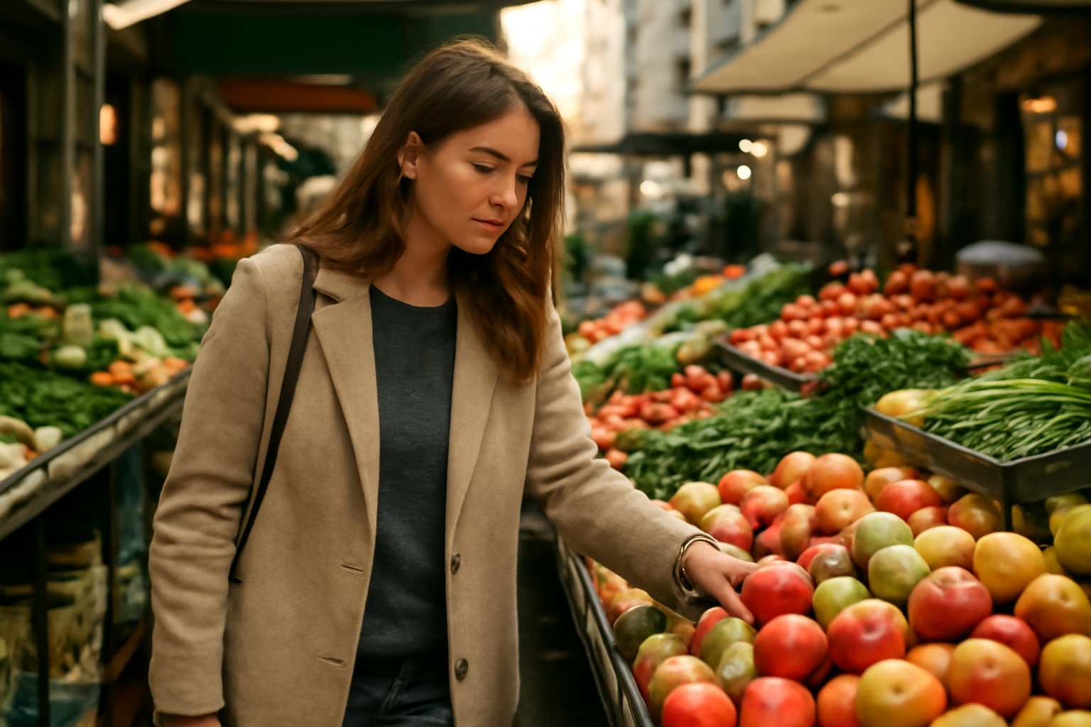 tendancemagasin-tenue-marche-ville femme parcourant des étals de marché urbain