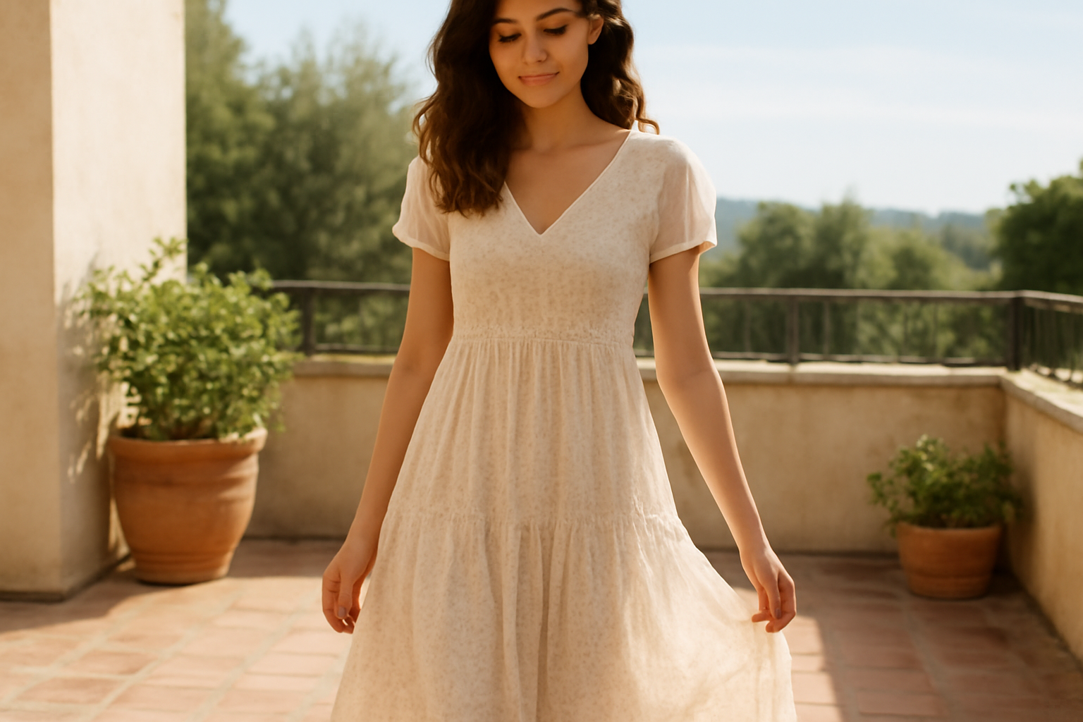 tendancemagasin-tenue-rendez-vous-ete femme en robe légère sur terrasse
