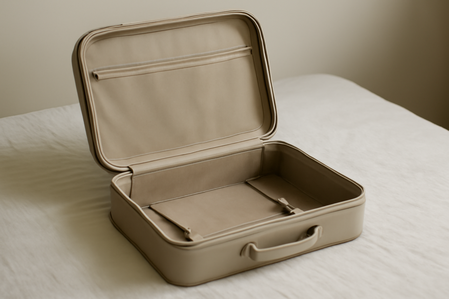tendancemagasin-tenue-weekend-minimaliste valise minimaliste ouverte sur lit clair