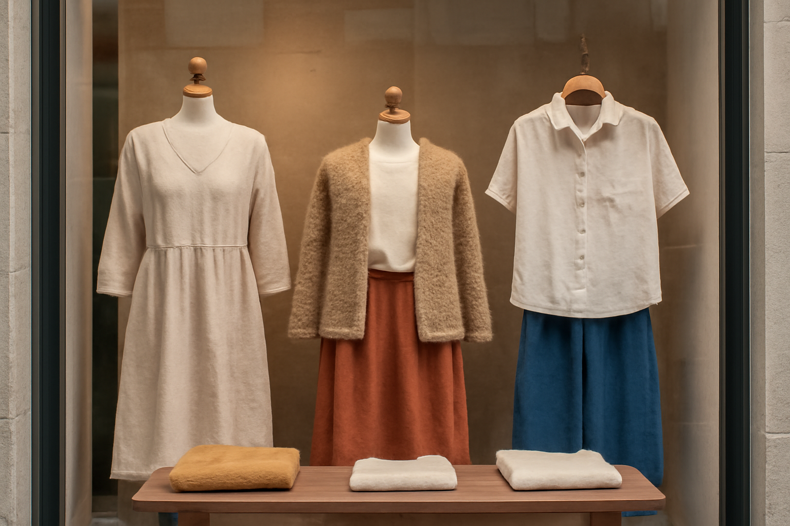 vitrine avec vêtements artisanaux exposés