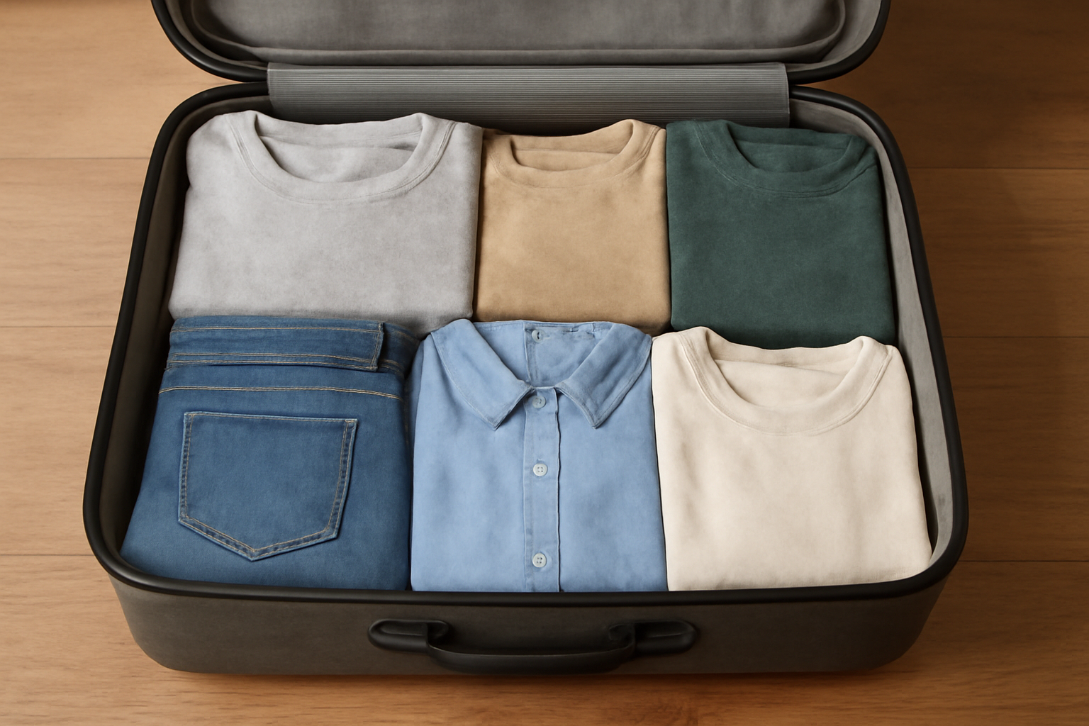 tendancemagasin-valise-minimaliste-weekend valise ouverte avec cinq pièces pliées