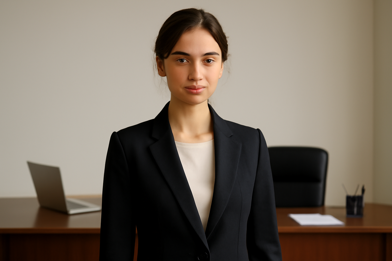 femme en veste structurée devant un bureau