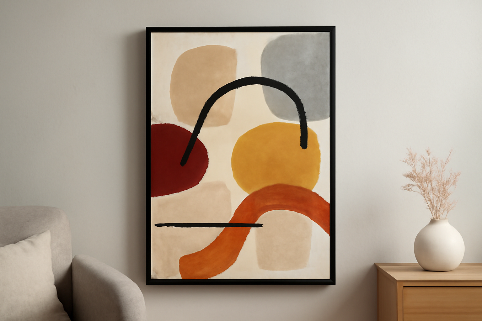 pièce créative contemporaine accrochée sur mur neutre