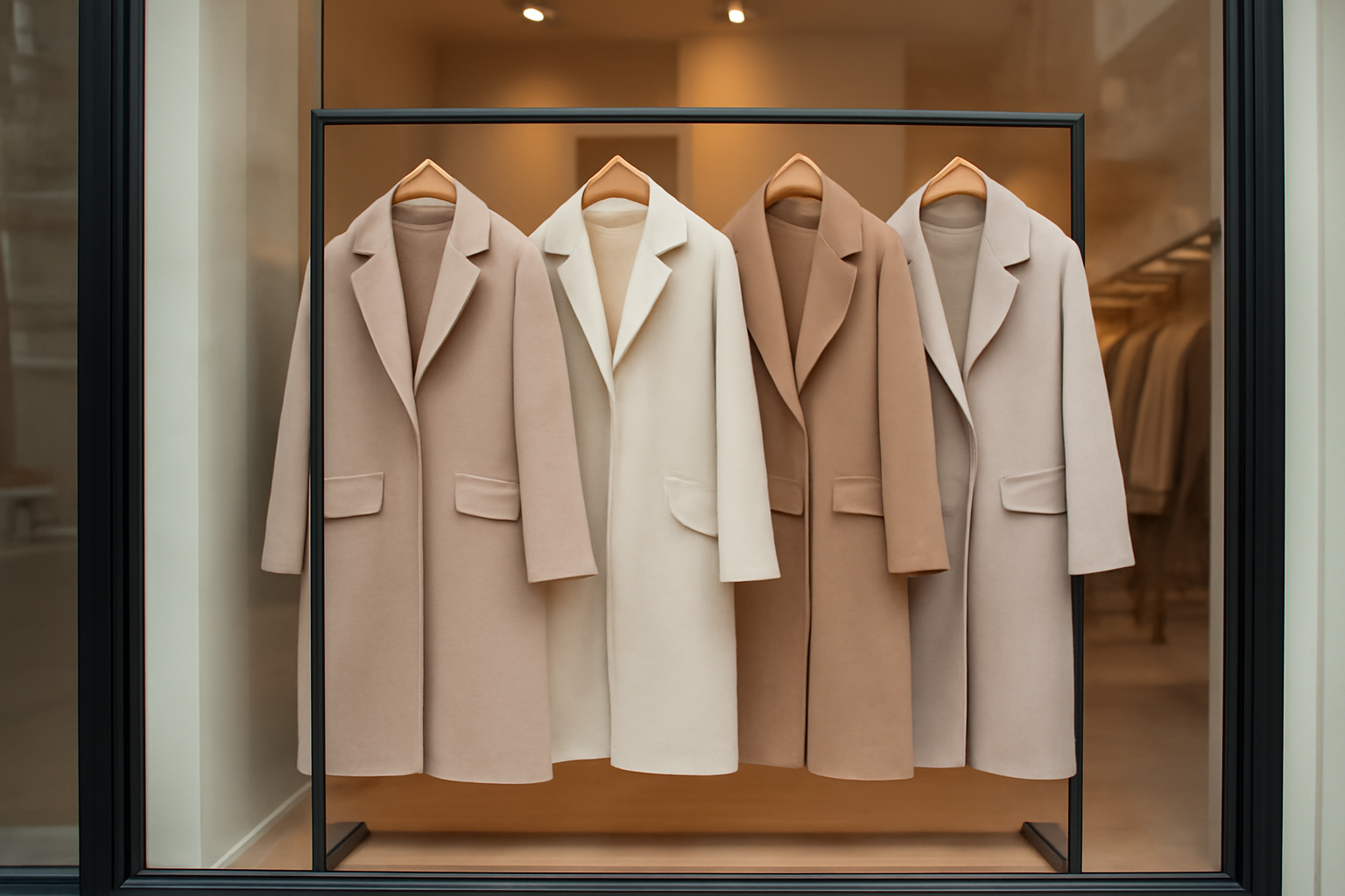 tendancemagasin-zara-pieces-durables vitrine de boutique avec manteaux neutres