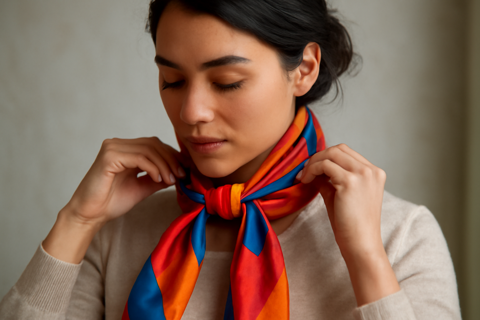 tendancemagasin-ajouter-couleur-monochrome personne ajustant foulard couleur vive