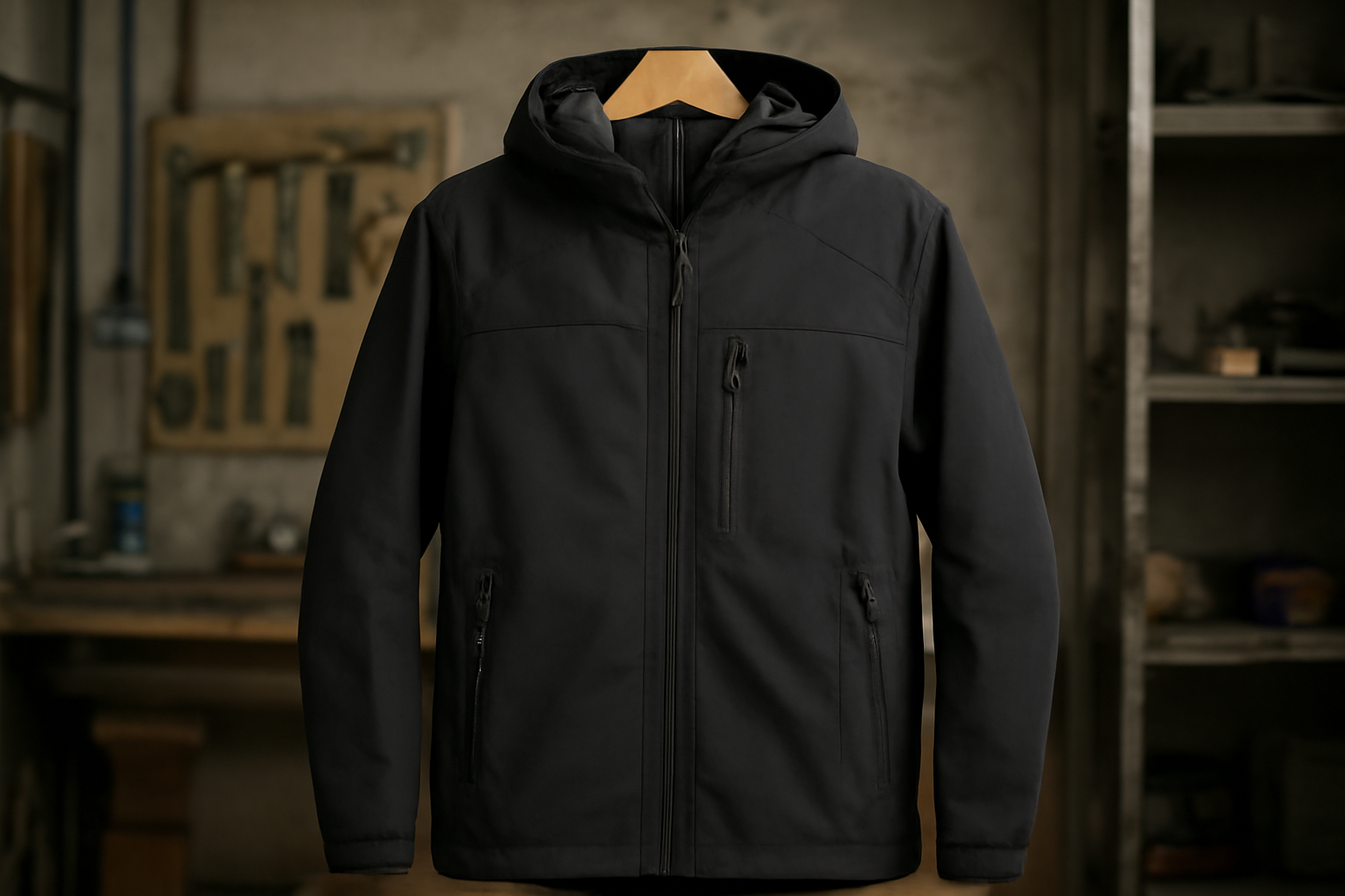 veste technique noire suspendue dans un atelier