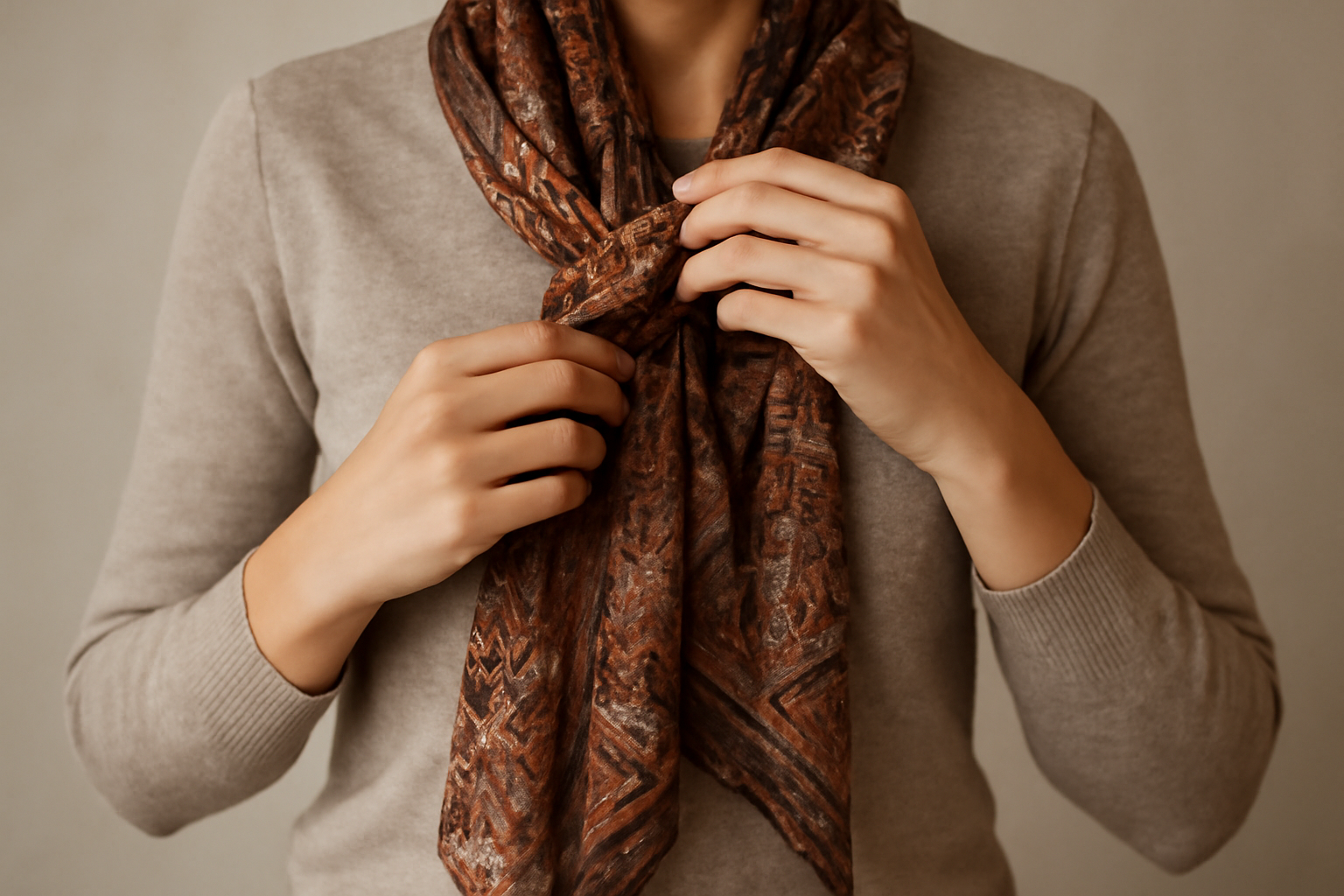 tendancemagasin-astuces-rafraichir-tenue mains ajoutant un foulard à une tenue simple