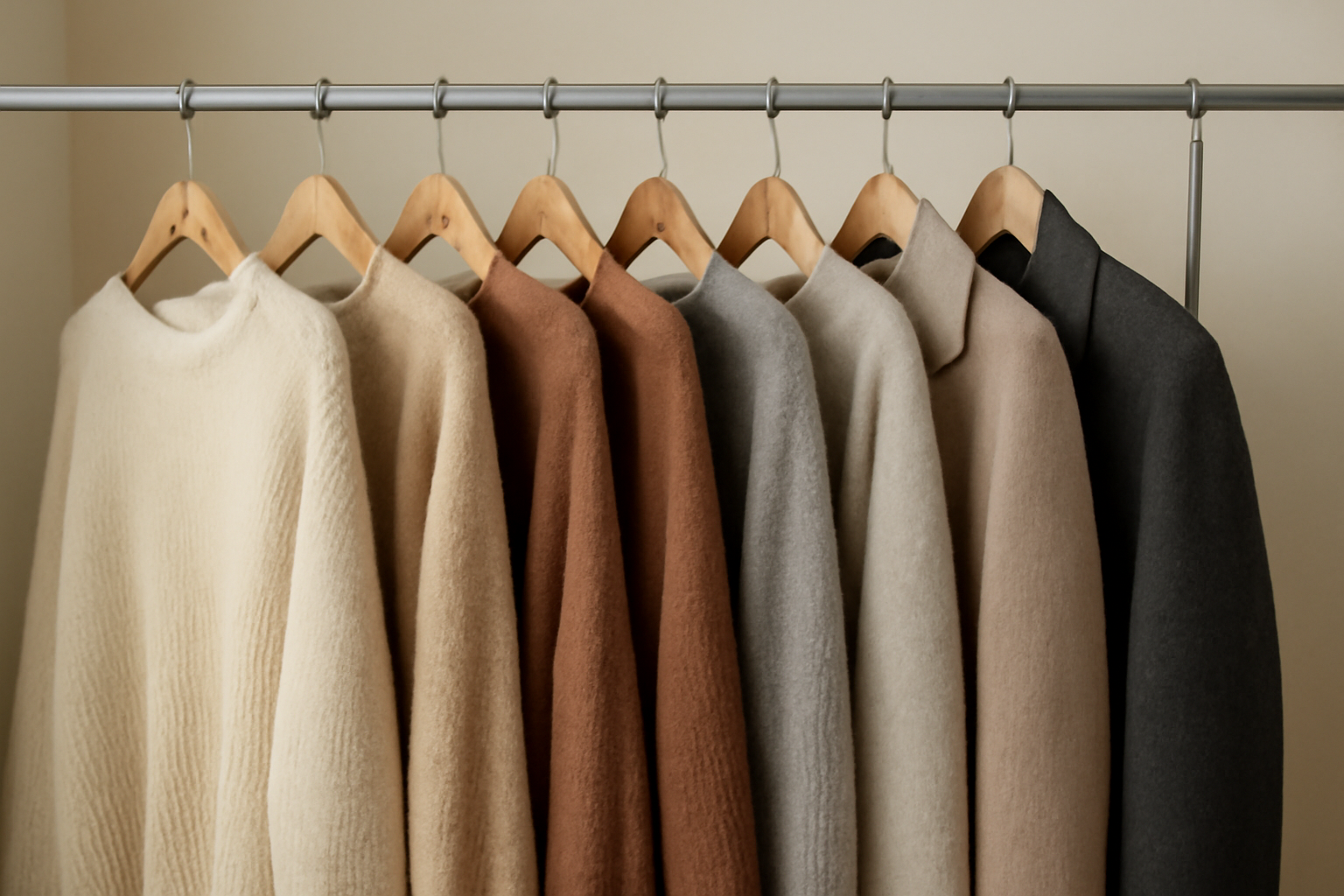 tendancemagasin-basiques-vestiaire-automnal pulls et manteaux suspendus sur une tringle