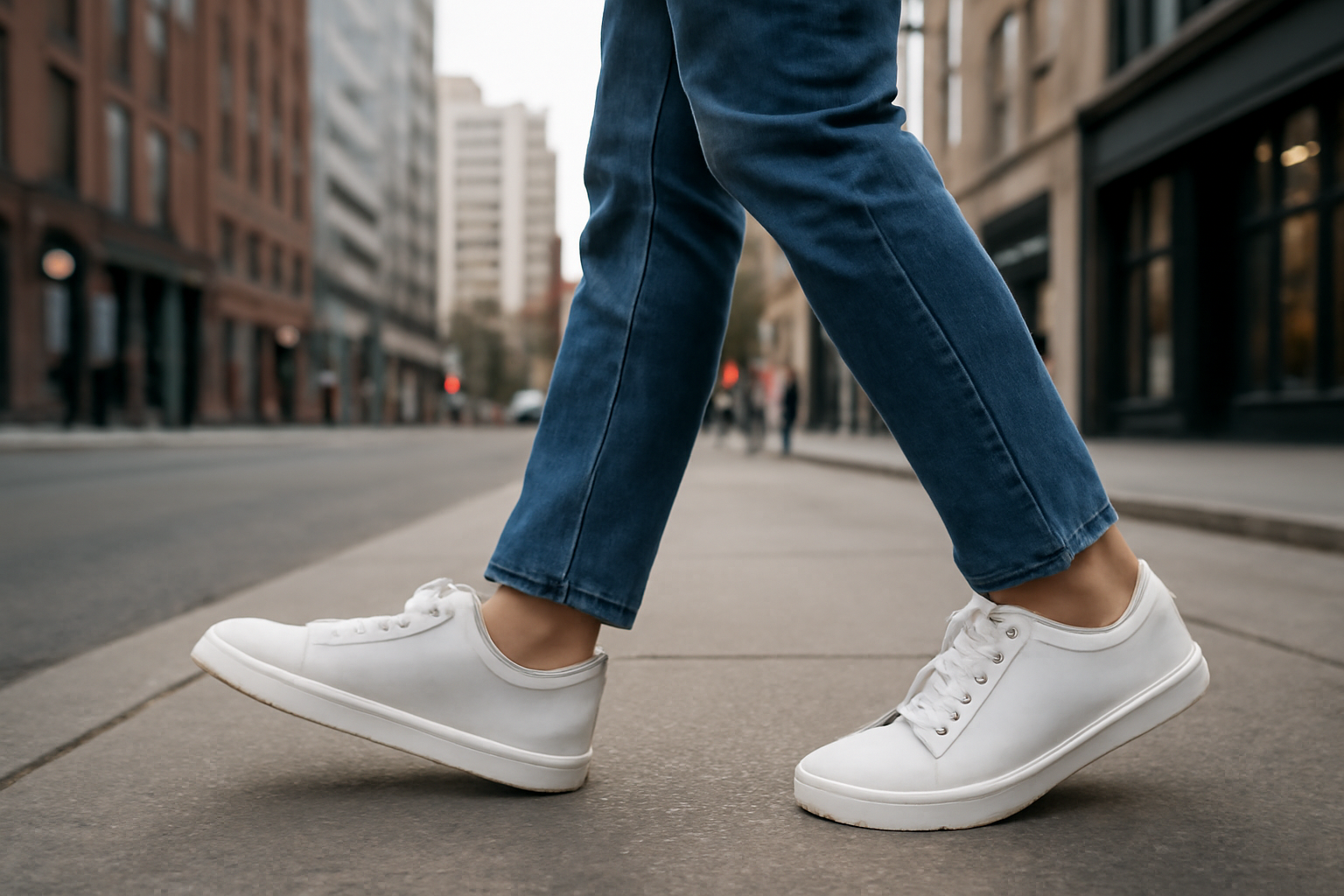 personne marchant en baskets en centre-ville