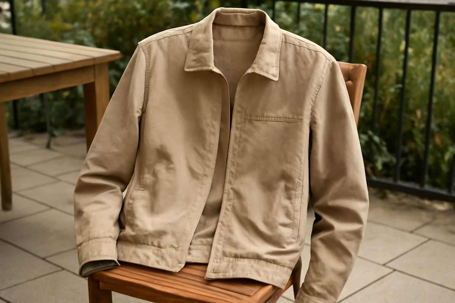 blouson léger posé sur une chaise en terrasse