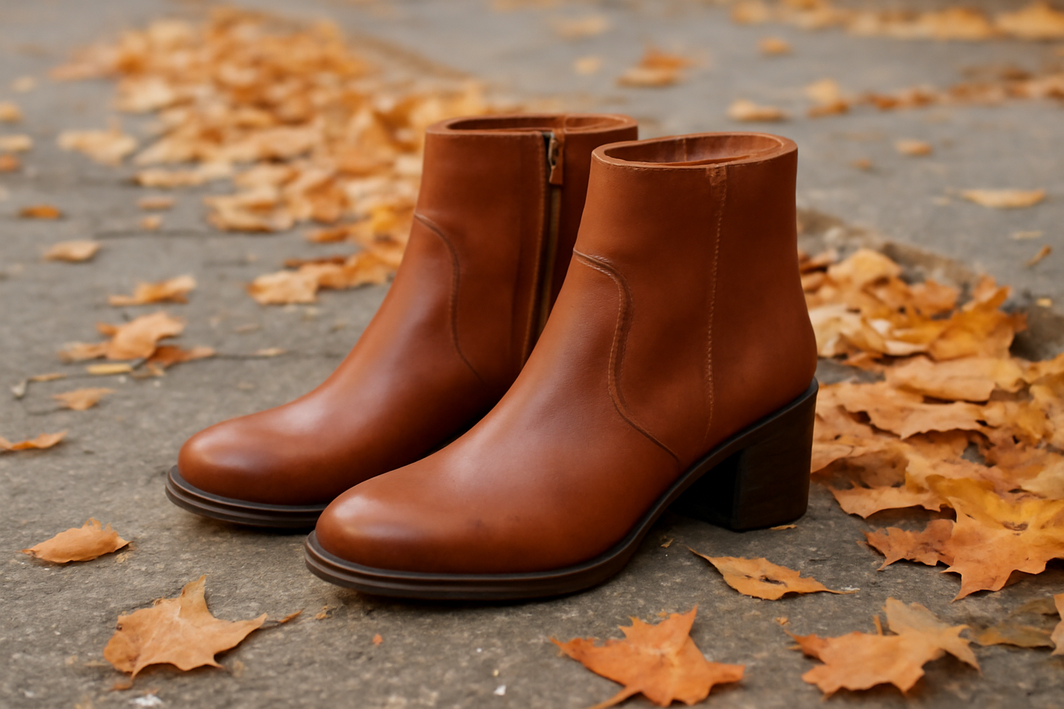 paire de bottines posée sur trottoir automnal