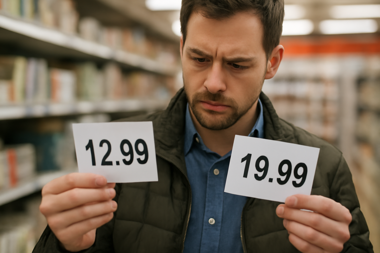 client comparant deux étiquettes prix en magasin