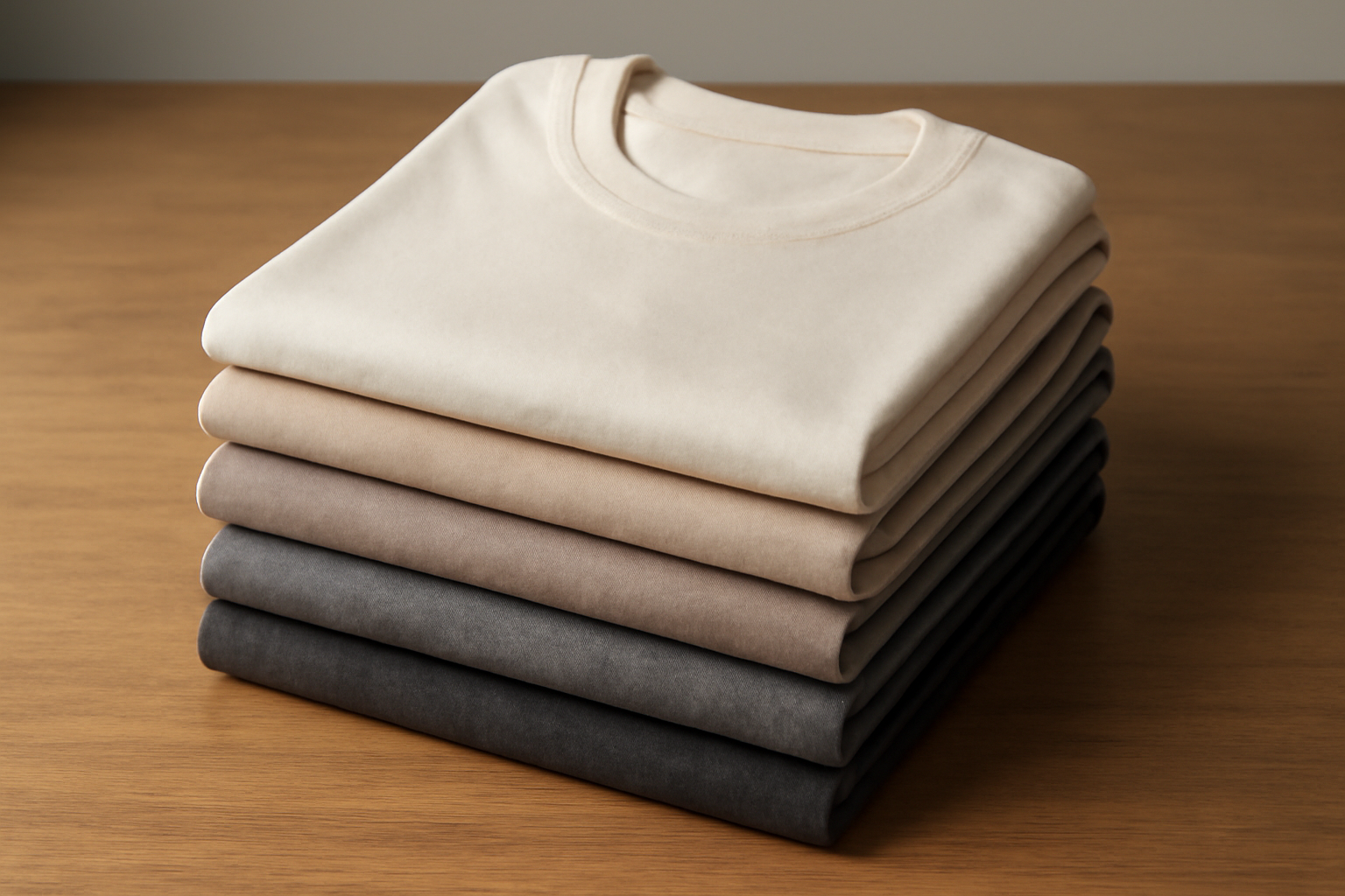 tendancemagasin-budget-basiques-qualite pile de t-shirts neutres sur table