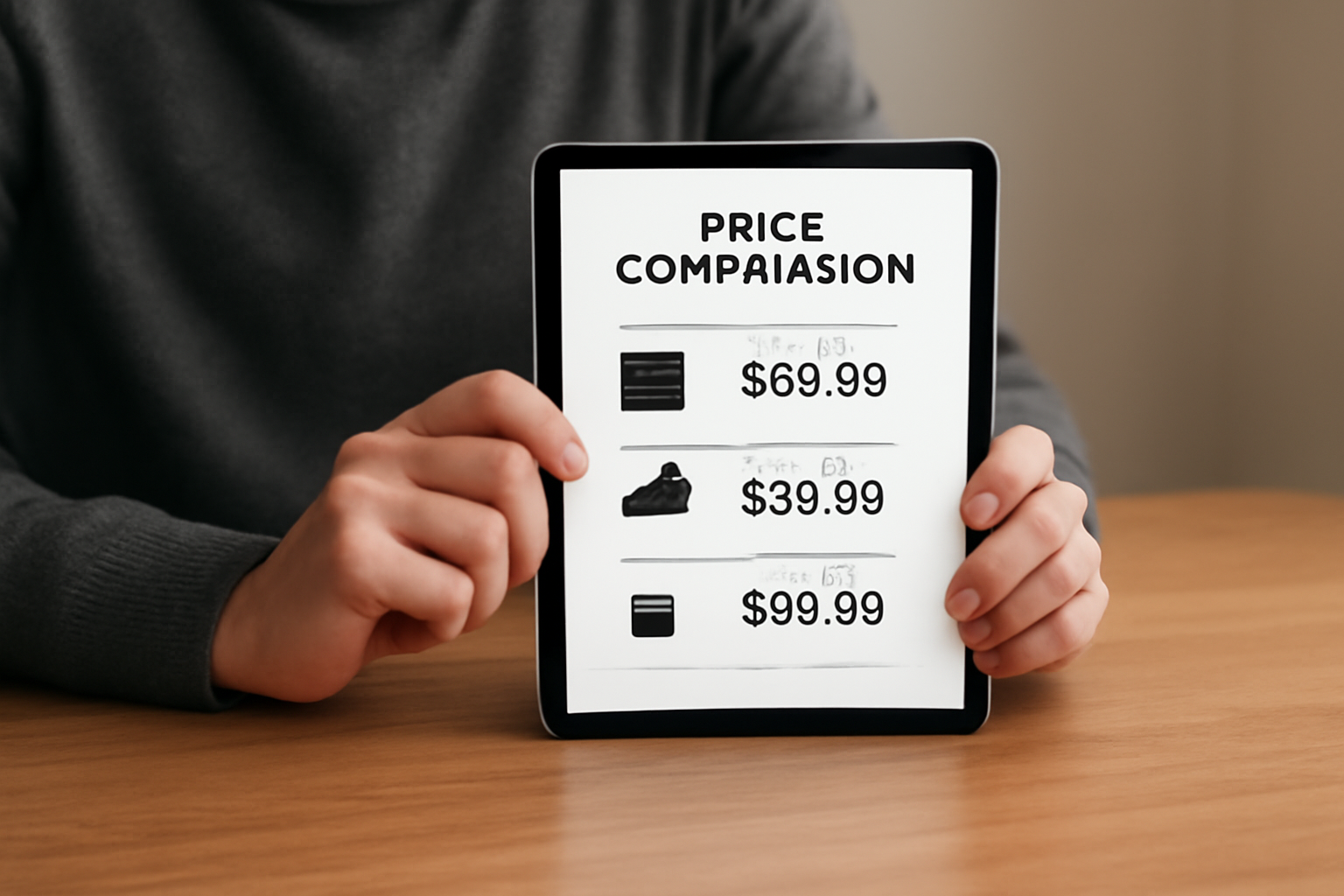 tendancemagasin-budget-renouveler-dressing-minimaliste personne comparant prix sur une tablette