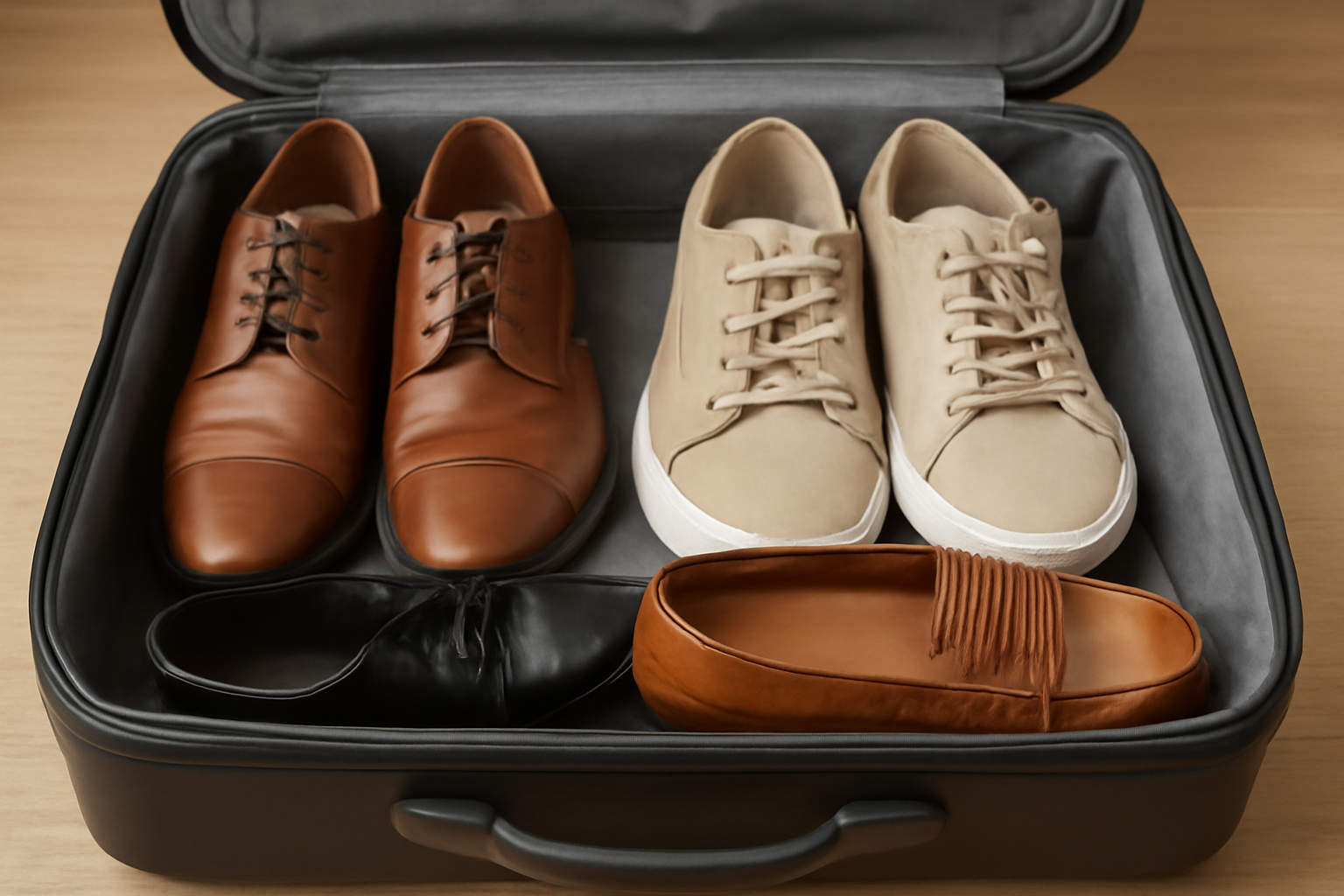 tendancemagasin-chaussures-valise-cabine paires de chaussures rangées dans une valise cabine