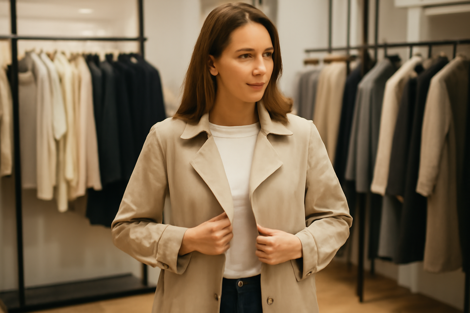 tendancemagasin-choisir-manteau-isolant personne essayant un manteau léger en boutique