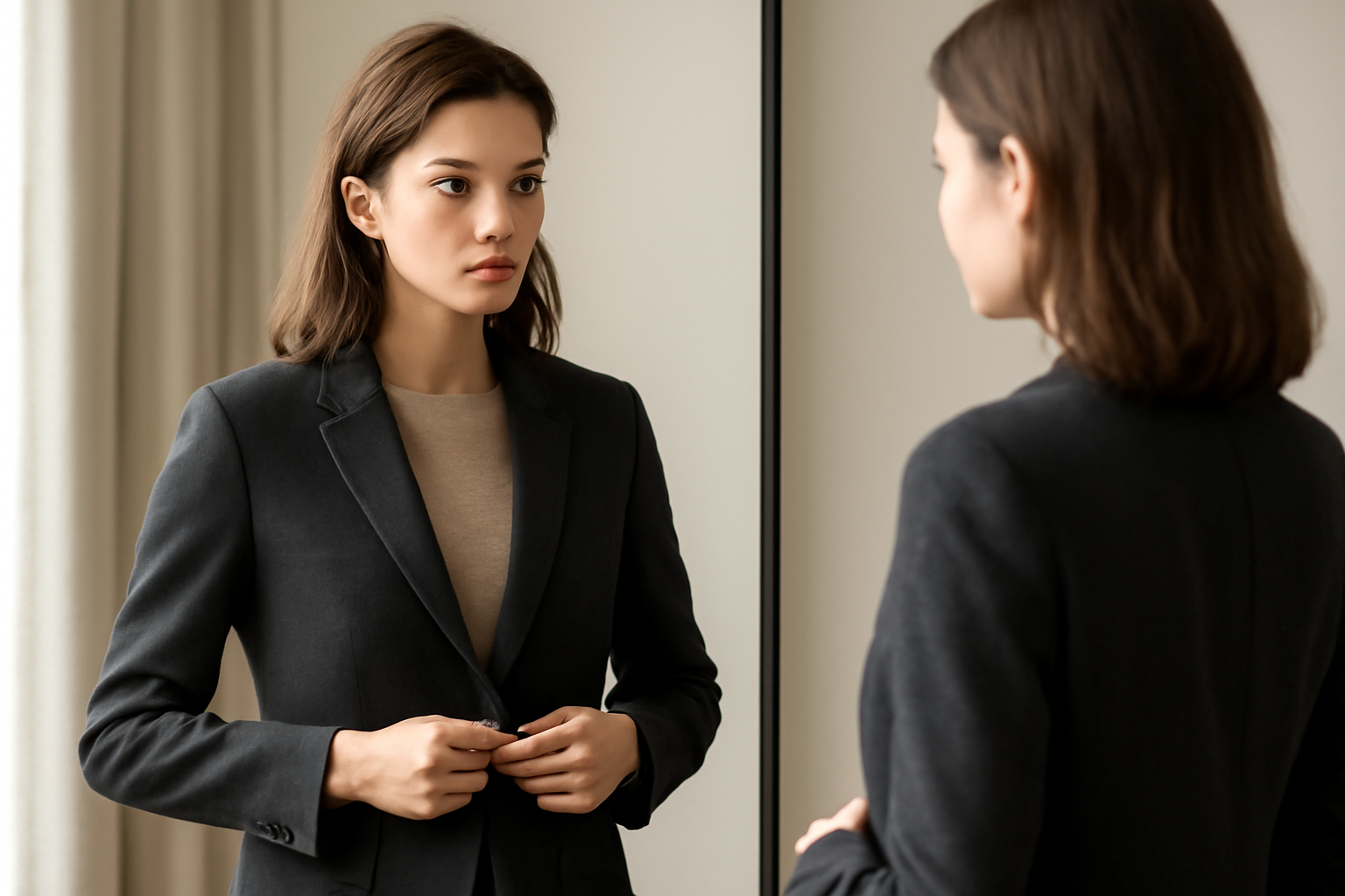 tendancemagasin-coupe-blazer-epaules femme essayant blazer devant miroir