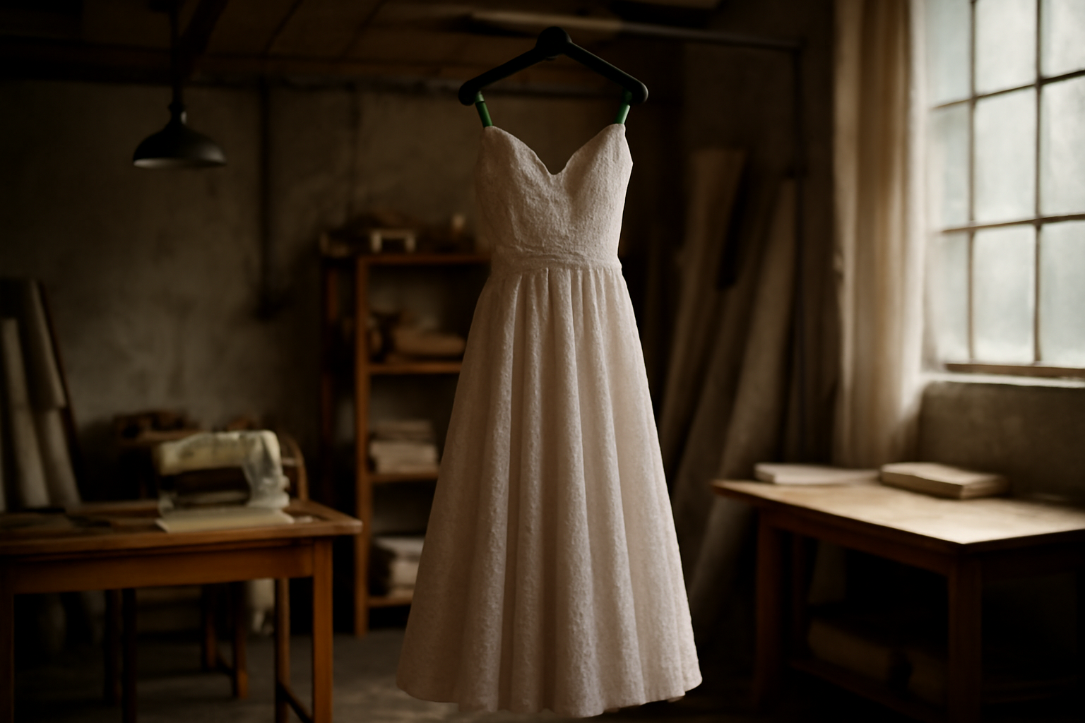 tendancemagasin-criteres-robe-soiree-durable robe de soirée suspendue dans atelier