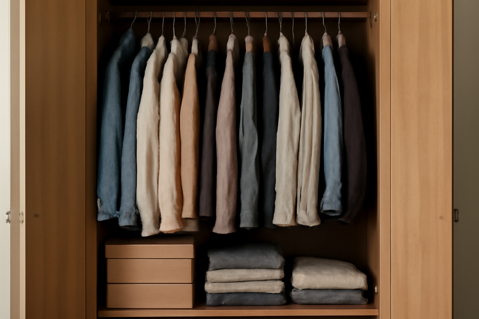 tendancemagasin-dressing-encombre-peu-pieces armoire ouverte avec vêtements serrés et boîtes