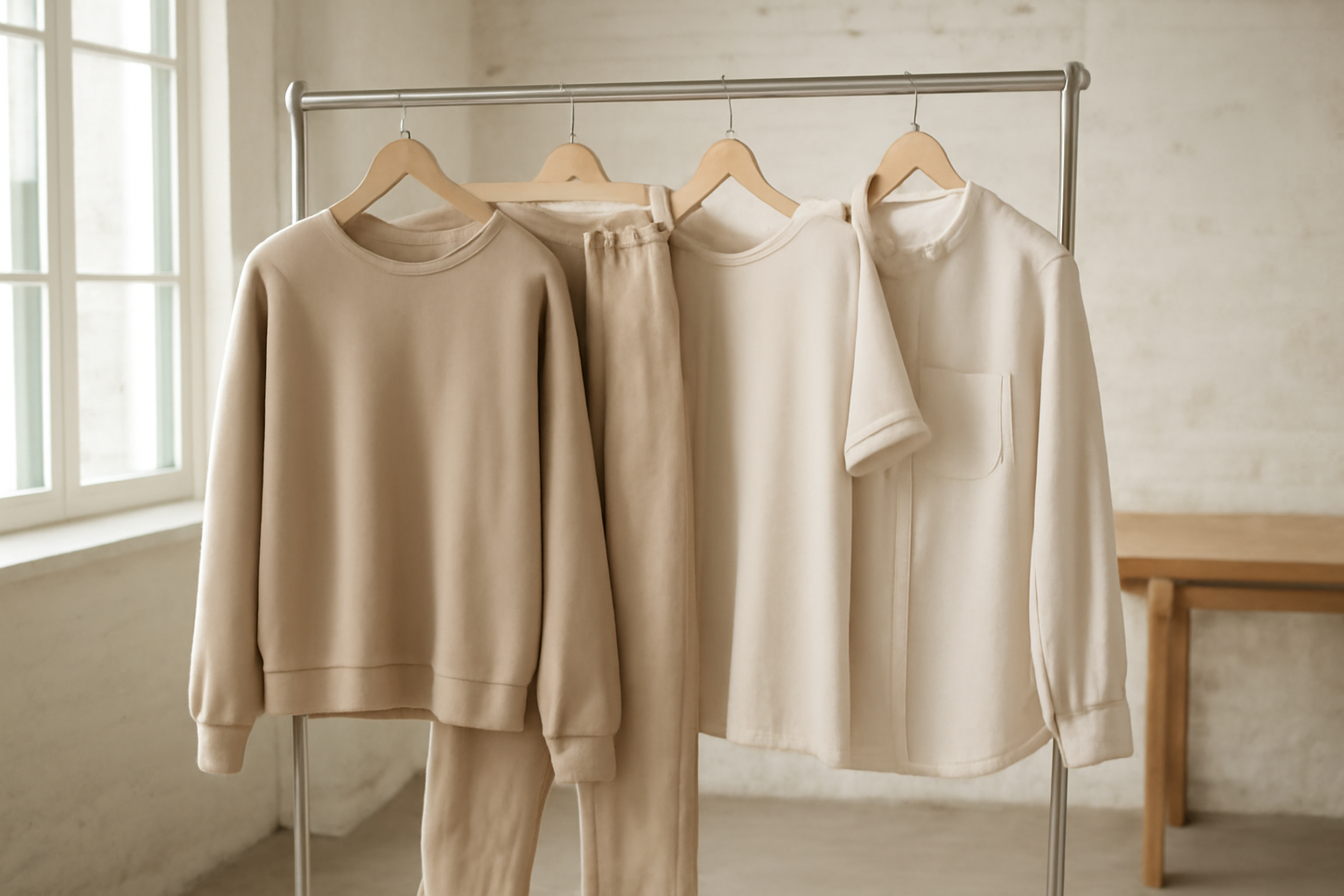 tendancemagasin-eileen-fisher-basique-durable vêtements neutres suspendus dans atelier lumineux